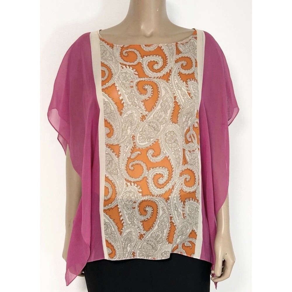 Talbots 100% Silk Top Blouse Sheer Handkerchief XS/S Pink Orange Paisley